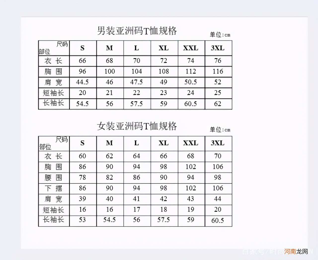 中国男装标准尺码对照表 t恤尺码对照表