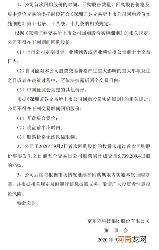 京东方A：9月2日耗资10.33亿元首次回购股份