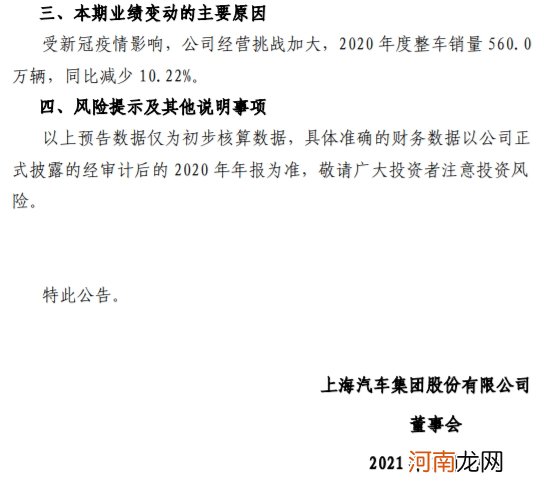 上汽集团：2020年净利预计同比减少21.89%