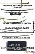 从上到下依次是中世纪欧洲武士的剑，日本武士的剑