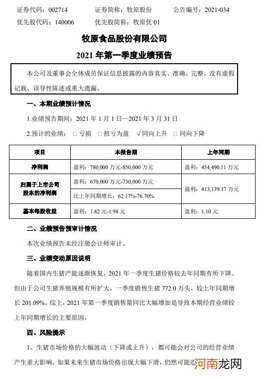 牧原股份：预计一季度净利同比增62.17%-76.70%