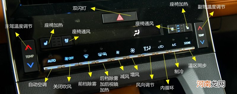 丰田亚洲龙空调按钮图解，亚洲龙空调除雾和暖风开启方法