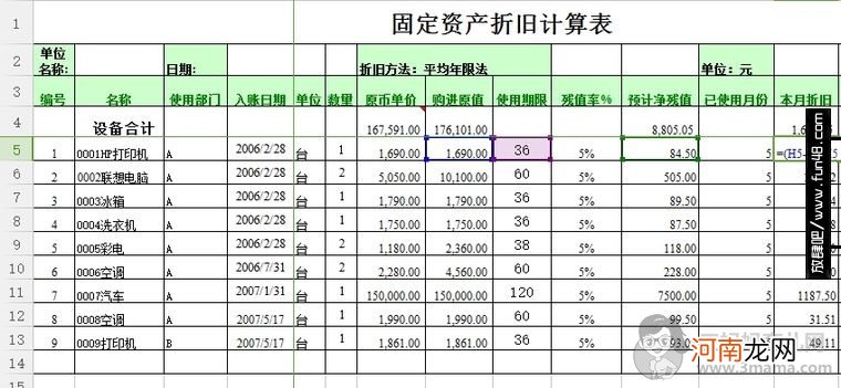 固定资产折旧计算表