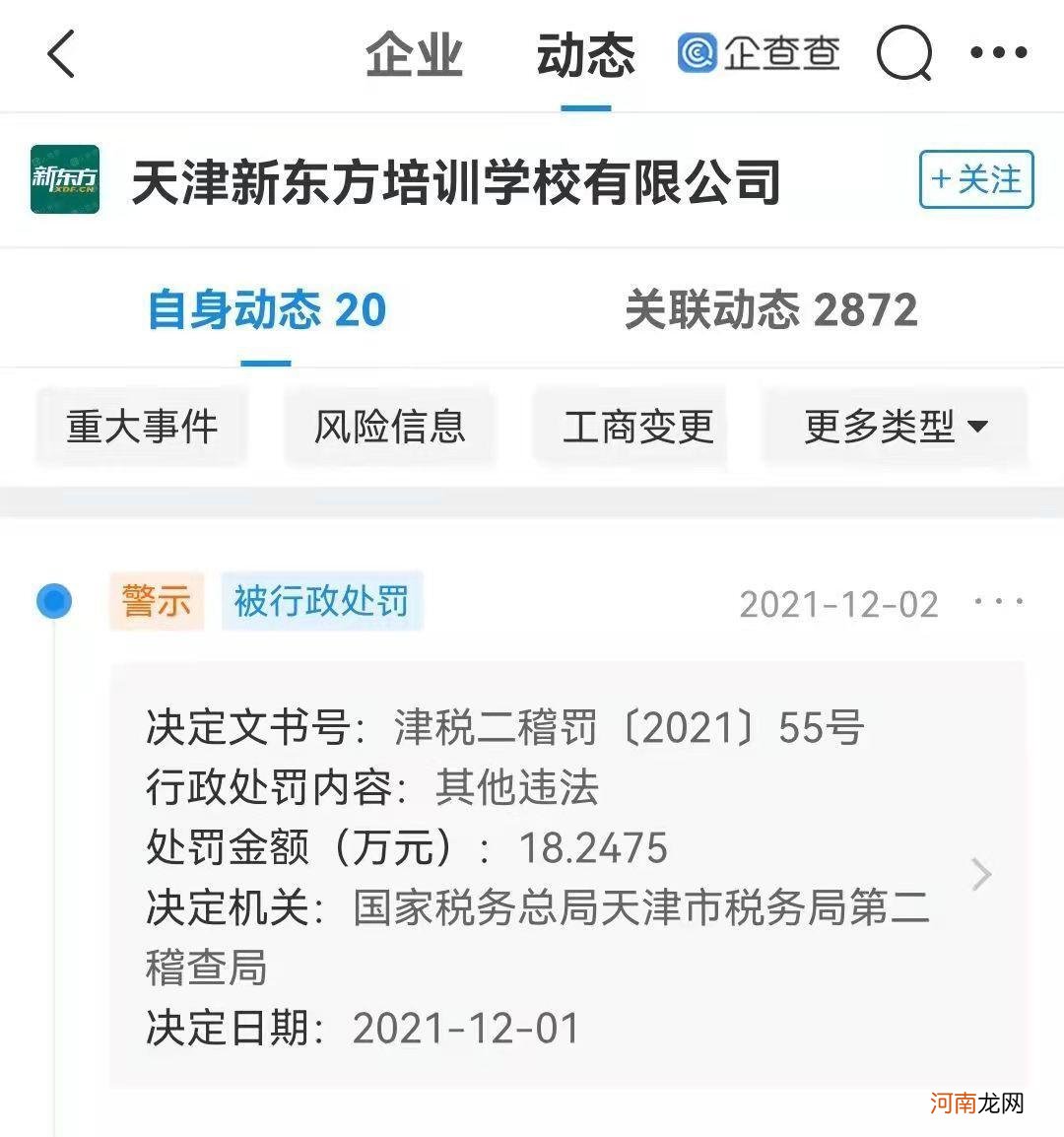 新东方因税务问题被罚18万