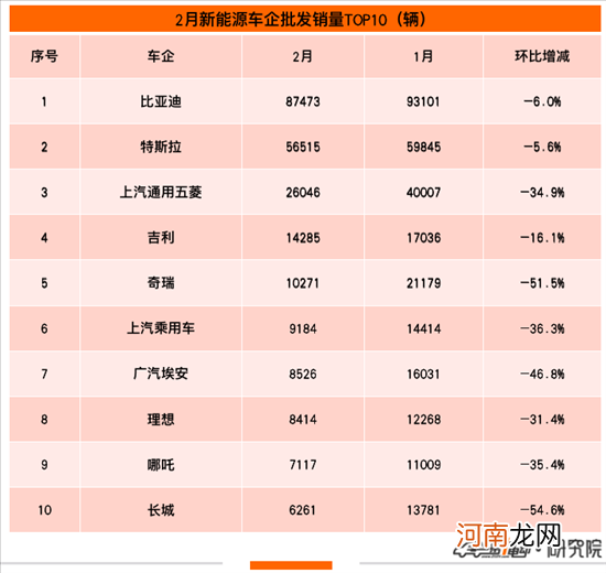 2月车企批发销量TOP10：特斯拉夺得亚军优质