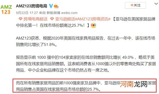 亚马逊占2020年美国家居用品在线市场份额25.7%