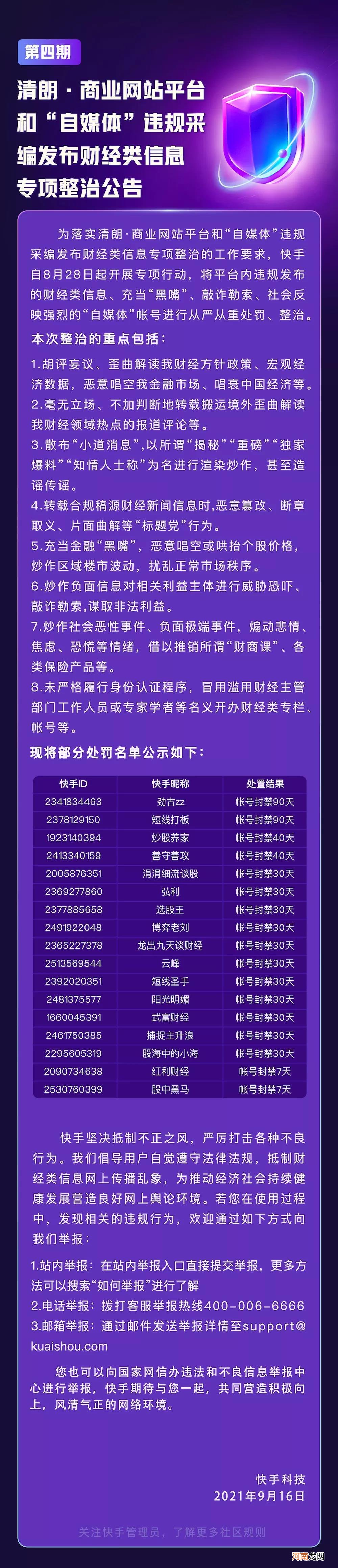 快手通报：17个账号因违规发布财经类信息被罚