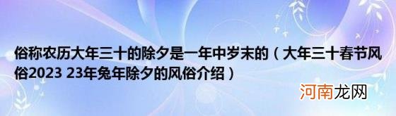 大年三十春节风俗202323年兔年除夕的风俗介绍 俗称农历大年三十的除夕是一年中岁末的