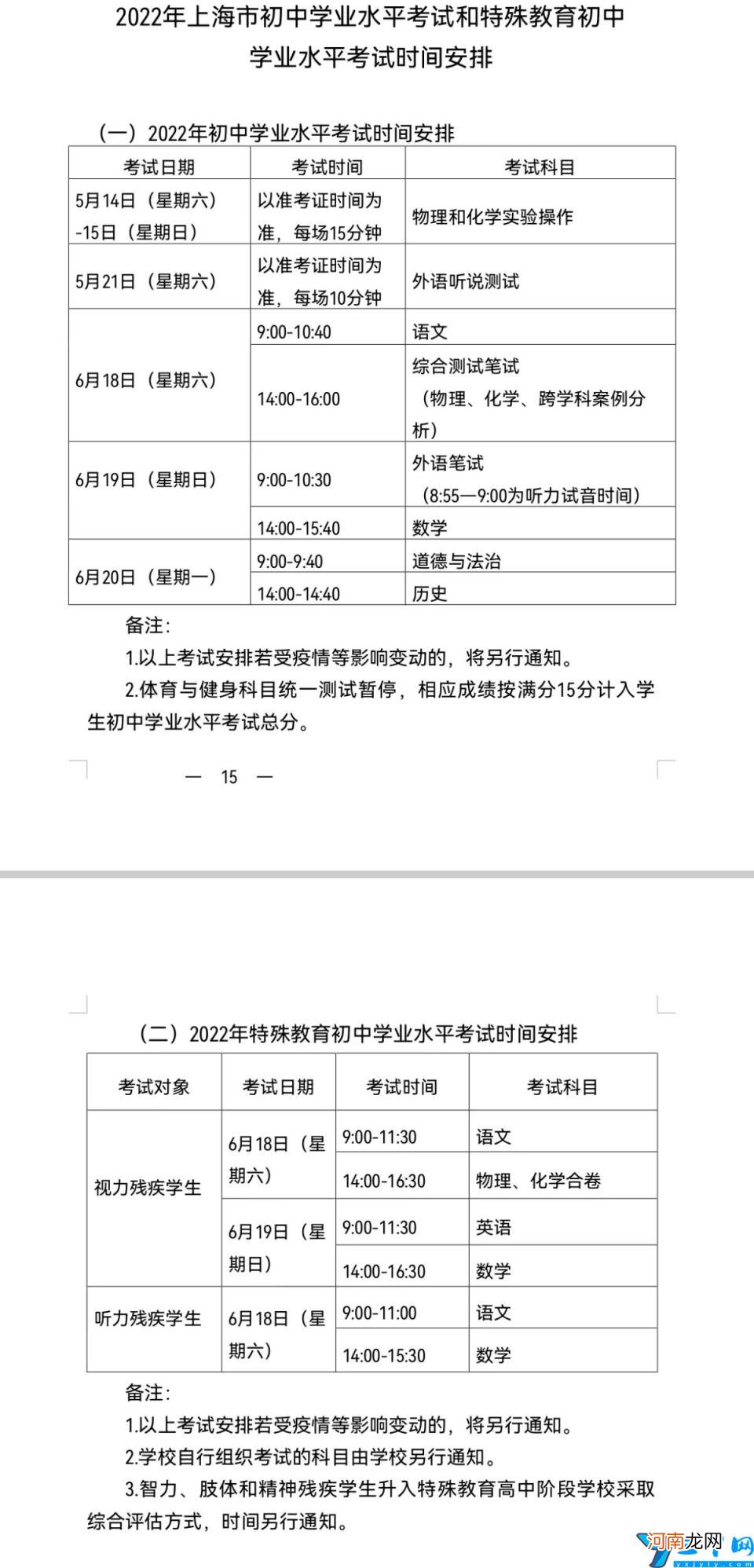 上海中考时间安排 上海中考时间2022