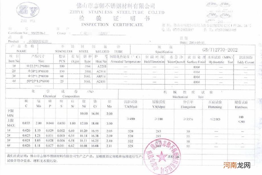 不锈钢管合格证图片 不锈钢管合格证