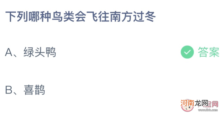 下列哪种鸟类|下列哪种鸟类会飞往南方过冬 蚂蚁庄园12月11日答案最新